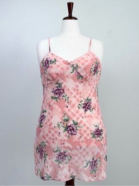 Vintage Lightweight Pink Gingham Floral Lingerie Sleepwear Chemise Slip LARGE
